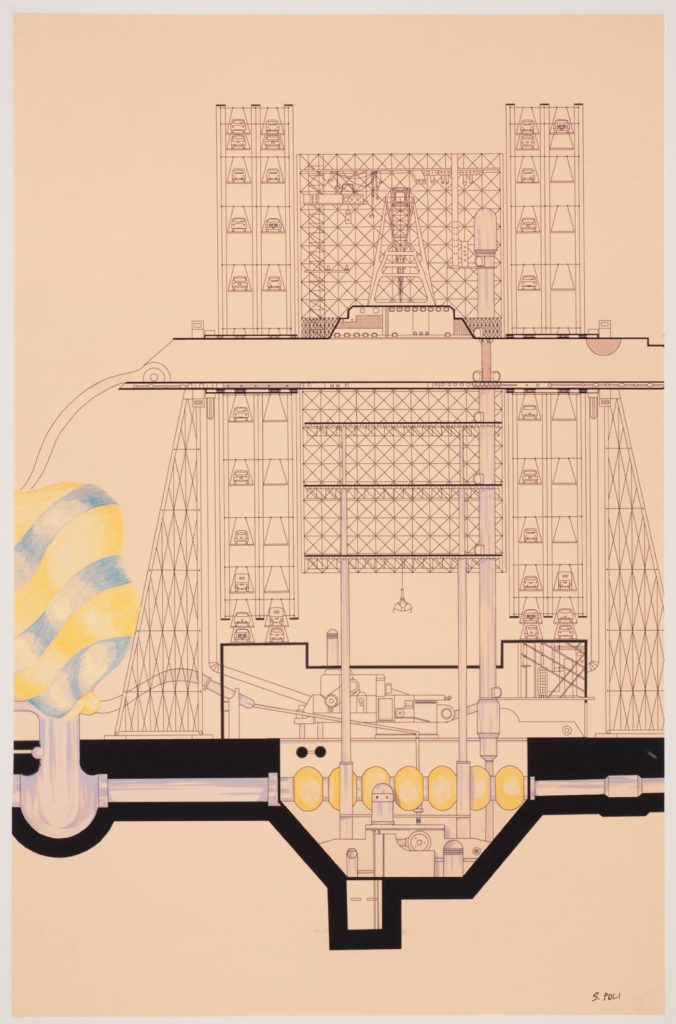 Alessandro Poli, progetto (sezione) per una discoteca Piper, 1966 (tecnica mista, matite colorate su copia eliografica) Courtesy the Artist/CCA Montreal Funds