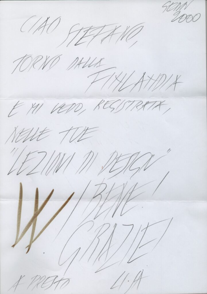 LISA PONTI, Ciao Stefano Torno dalla Finlandia e..., lettera per la trasmissione Rai TV Lezioni di Design, gennaio 2000