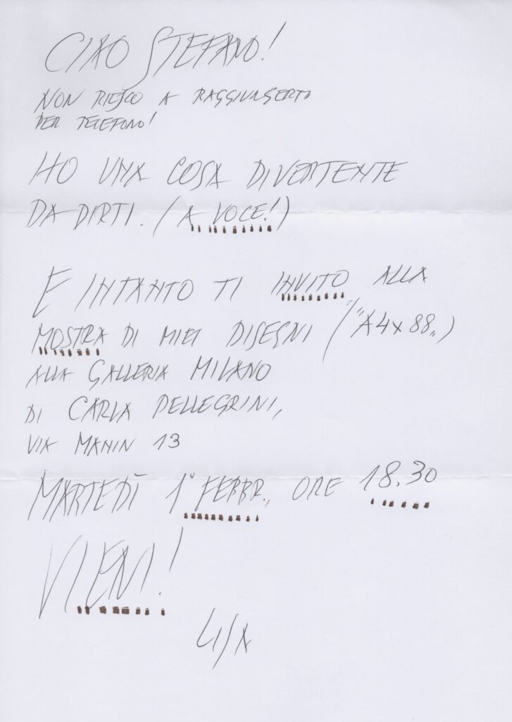 Lisa Ponti, VIENI!, lettera di invito per la mostra A4x88 alla Galleria Milano, gennaio 2011, due fogli