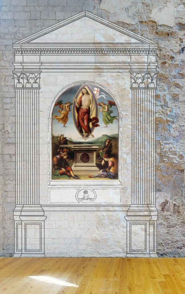 Ricostruzione grafica ipotetica della pala con predella originaria della Resurrezione di Cristo, sulla base di fonti
archivistiche. Al centro si distingueva un Ecce Homo in formato ovale, attribuito anch’esso al Perugino. Tutti gli
scomparti risultano oggi dispersi (da ricostruzione virtuale V. Borgnini-G. Falcinelli-A. Margaritelli).